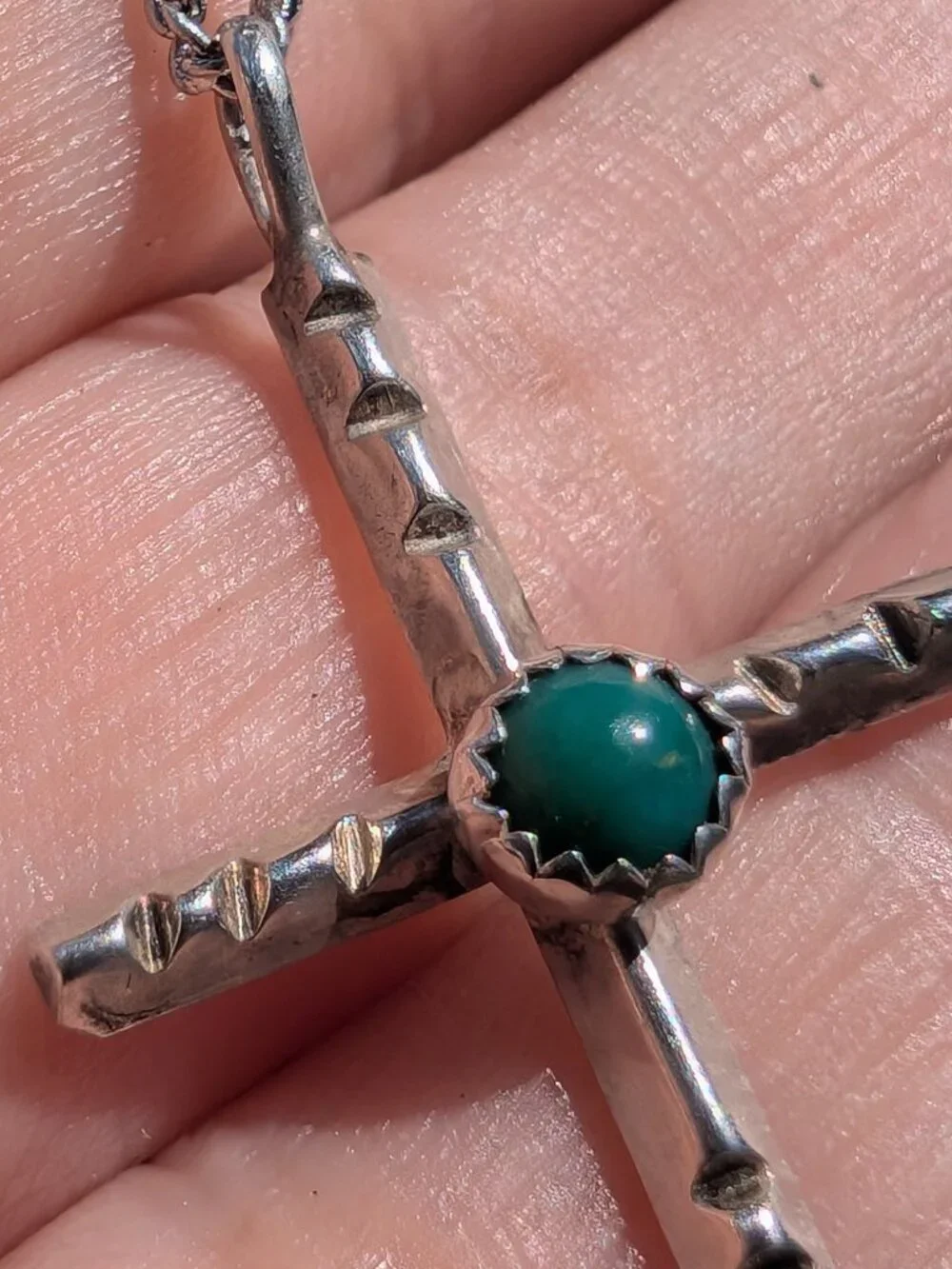 Navajo Style Sterling Silver Turquoise Cross Pendant Necklace